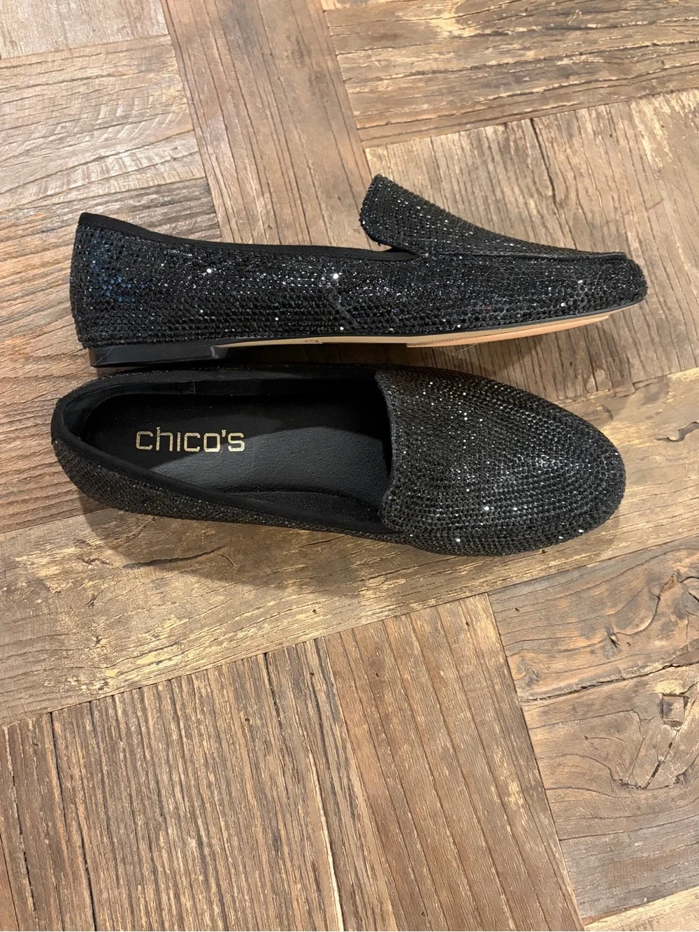 Chico's Heloise Black Rhinestone Sparkle Loafer Flats - Size 6.5